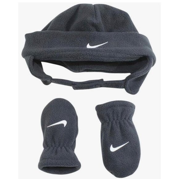 NIKE Baby Fleece Chin Strap Trapper Hat and Mittens 2 Piece Set - Picture 1 of 8